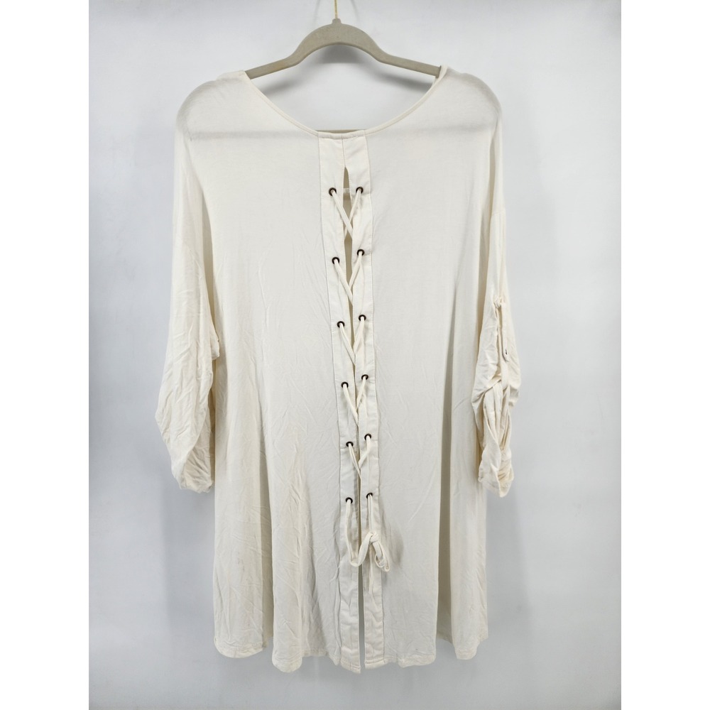 Umgee Womens Ivory Lace Up Corset Back‎ High Low Tunic Top Large